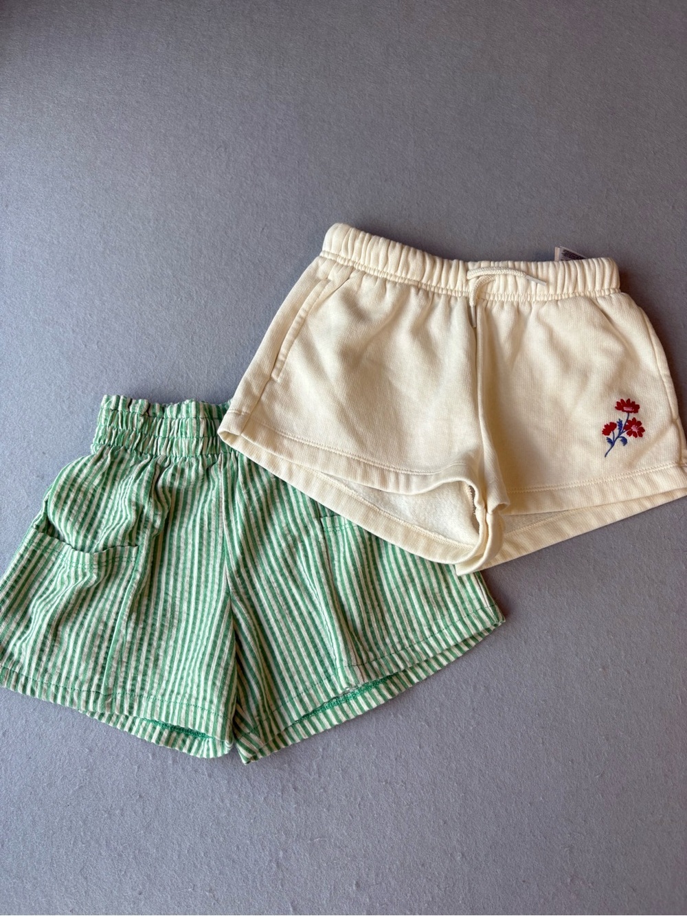 Old Navy Cream Knit Shorts with Embroidered Flower & Green Striped Cotton Shorts